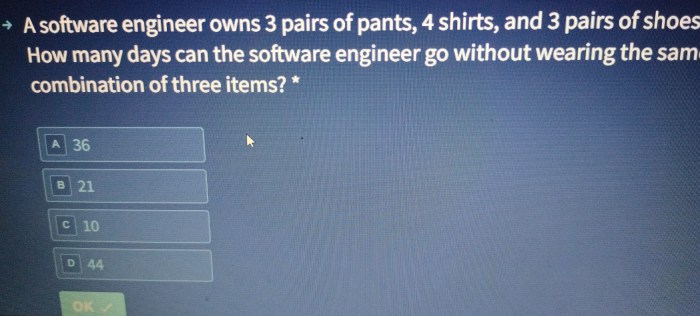 A software engineer owns 3 pairs of pants