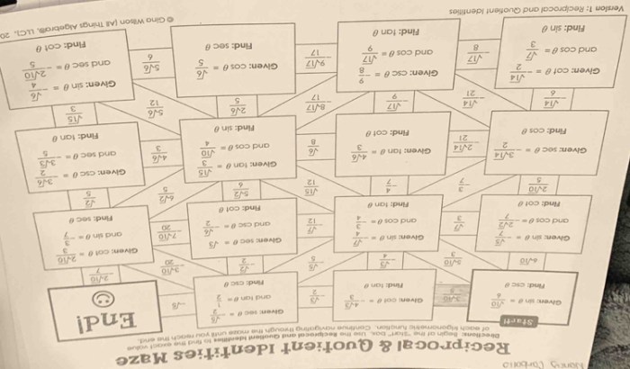 Reciprocal and quotient identities maze