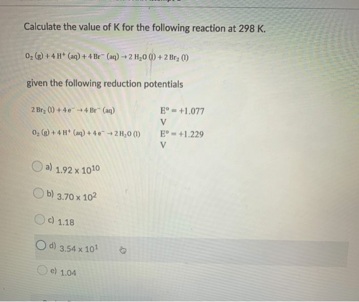 Calculate k at 298 k for the following reaction